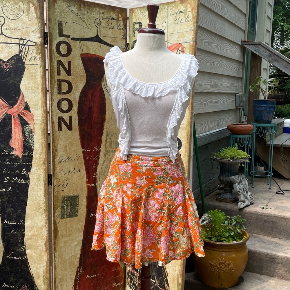 Free People Skirt Floral Mini End of the Island Floral Orange Godet Size 6